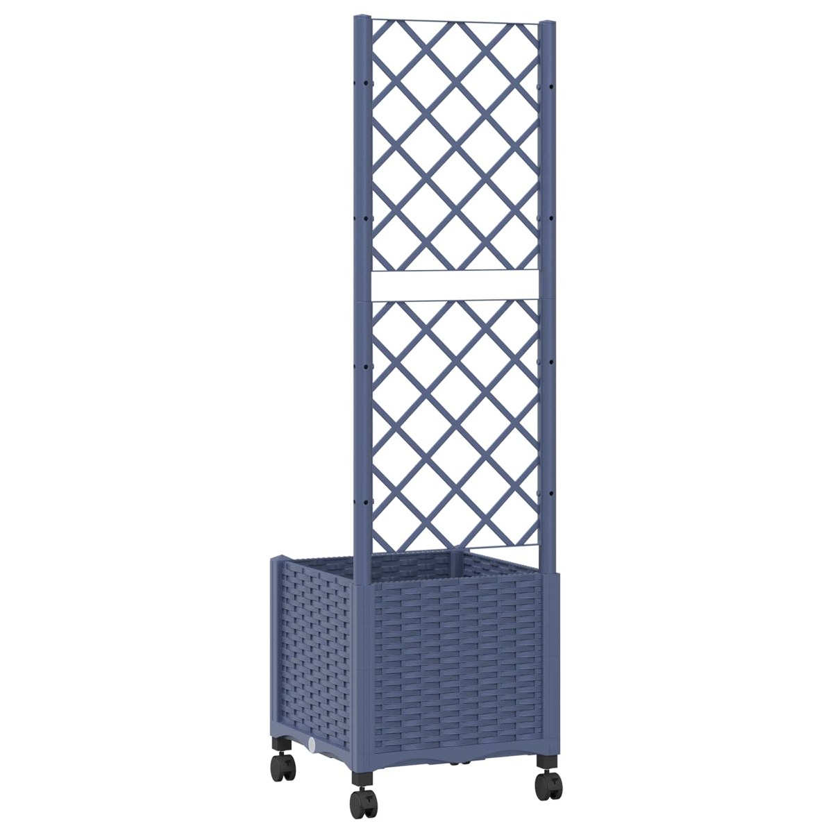 Ein blauer Pflanzkasten aus Rattan mit integriertem Spalier und Rollen auf weißem Hintergrund.