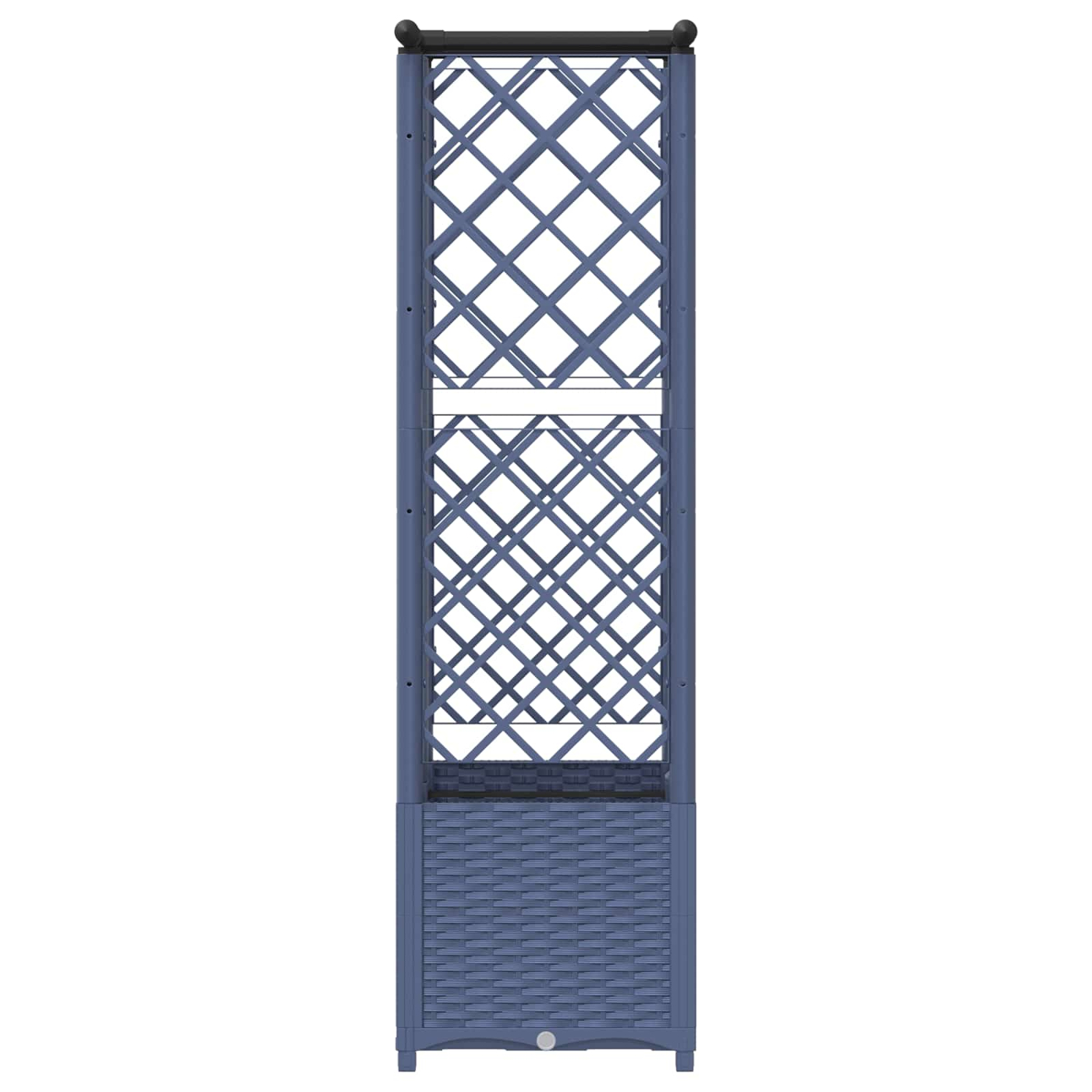 Hoher blauer Gartenobelisk aus Kunststoff mit quadratischem Pflanzgefäß und Rauten-Spalier vor weißem Hintergrund.