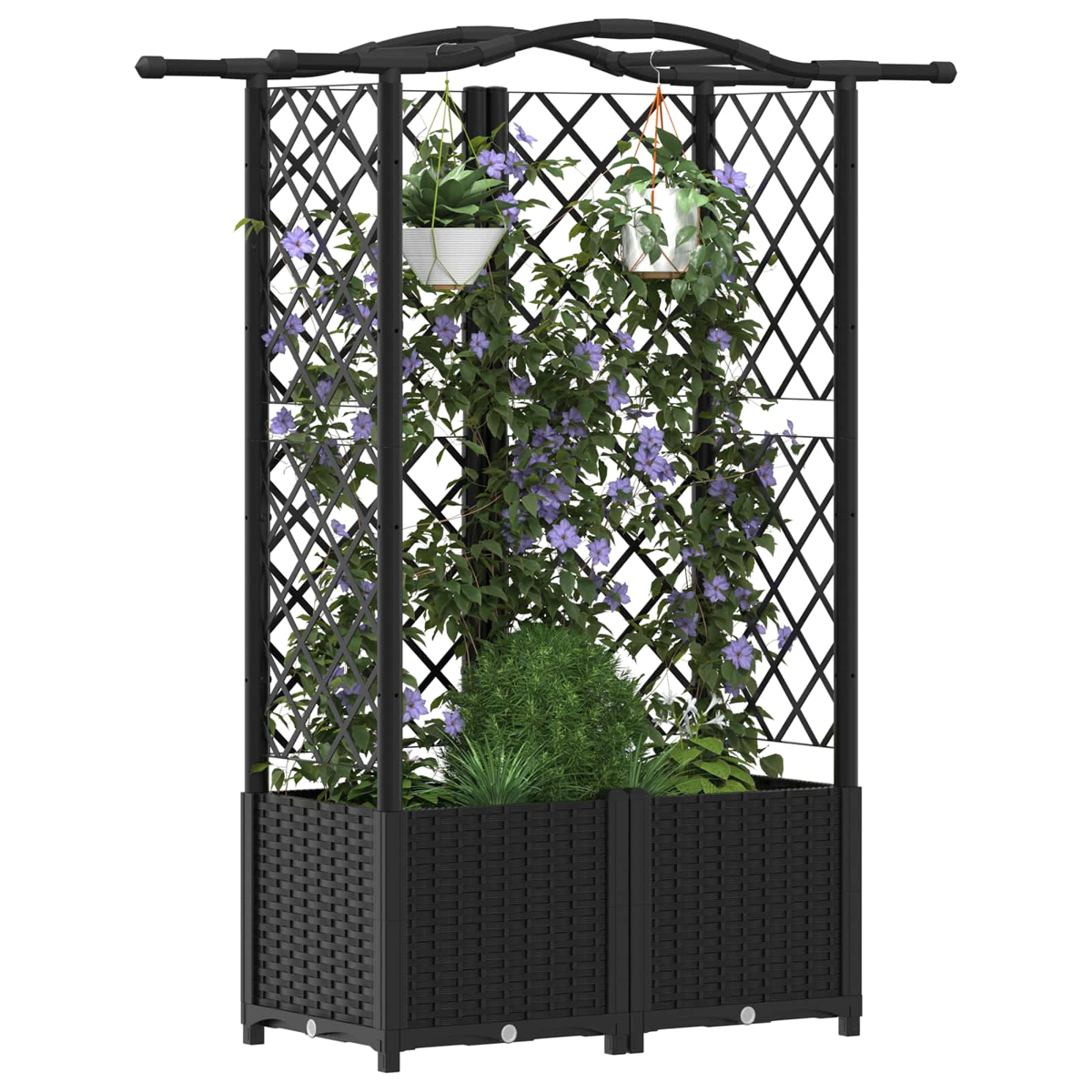 Ein schwarzes Spalier mit Pflanzkübel, bewachsen mit Kletterpflanzen und violetten Blüten, sowie zwei Hängeampeln.