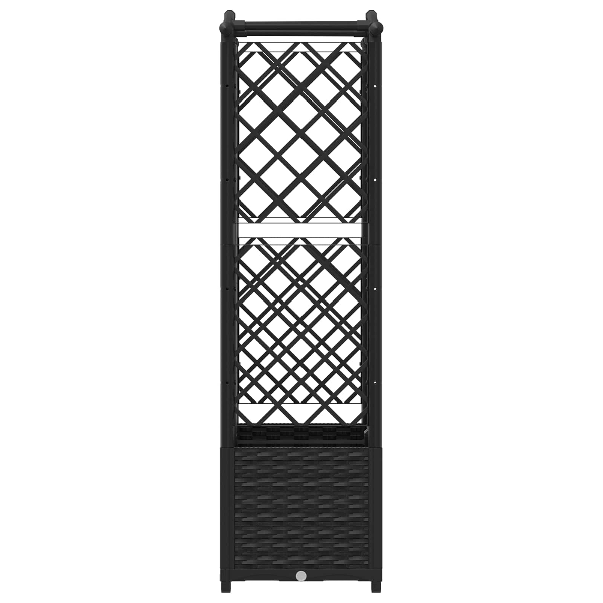 Schwarzes Spalier mit Rattan-Pflanzkasten, ideal für Kletterpflanzen im Garten.