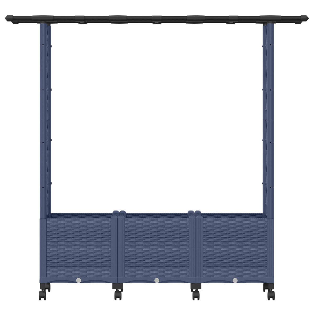 Ein blaues Rattan-Hochbeet mit Rollen und einem oberen Klettergitter vor weißem Hintergrund.
