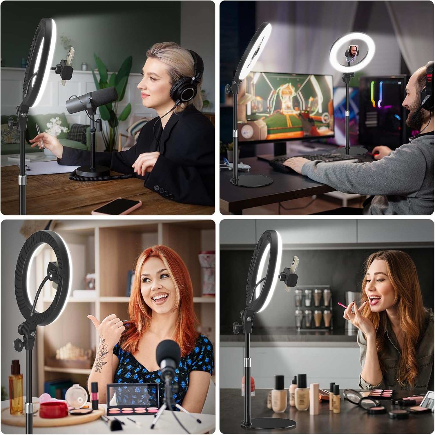 Vier Personen nutzen Ringlichter beim Podcasting, Gaming, Make-up-Tutorials und Videos.