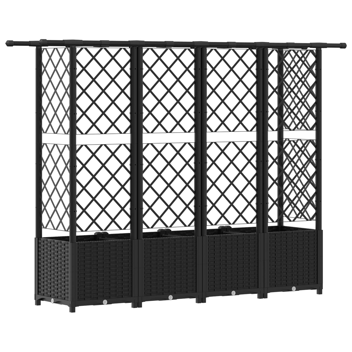 Schwarzes Rankgitter mit integrierten Pflanzkübeln im Rattan-Design auf weißem Hintergrund.