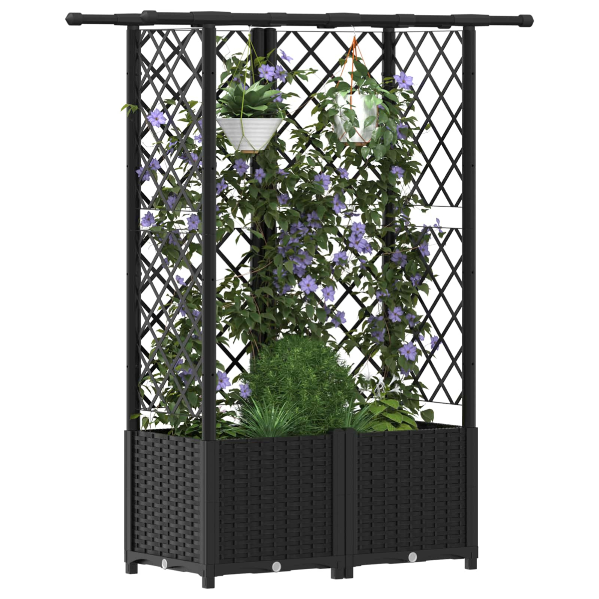 Schwarzes Rankgitter mit Pflanzkasten, bewachsen mit grünen Pflanzen und violetten Blüten, pluszwei Hängeöpfe.