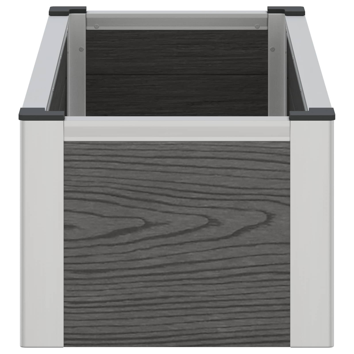 Ein rechteckiges graues Hochbeet mit silbernen Metallkanten und Holzoptik-Paneelen.