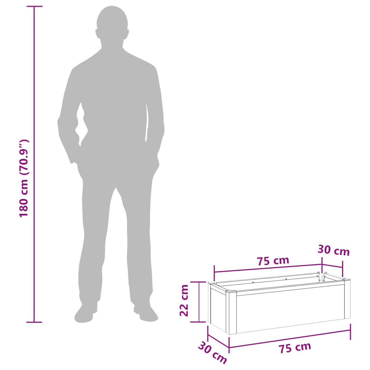 Maßzeichnung eines rechteckigen Pflanzkastens mit Maßen von 75x30x22 cm neben einer 180 cm großen menschlichen Siliz.