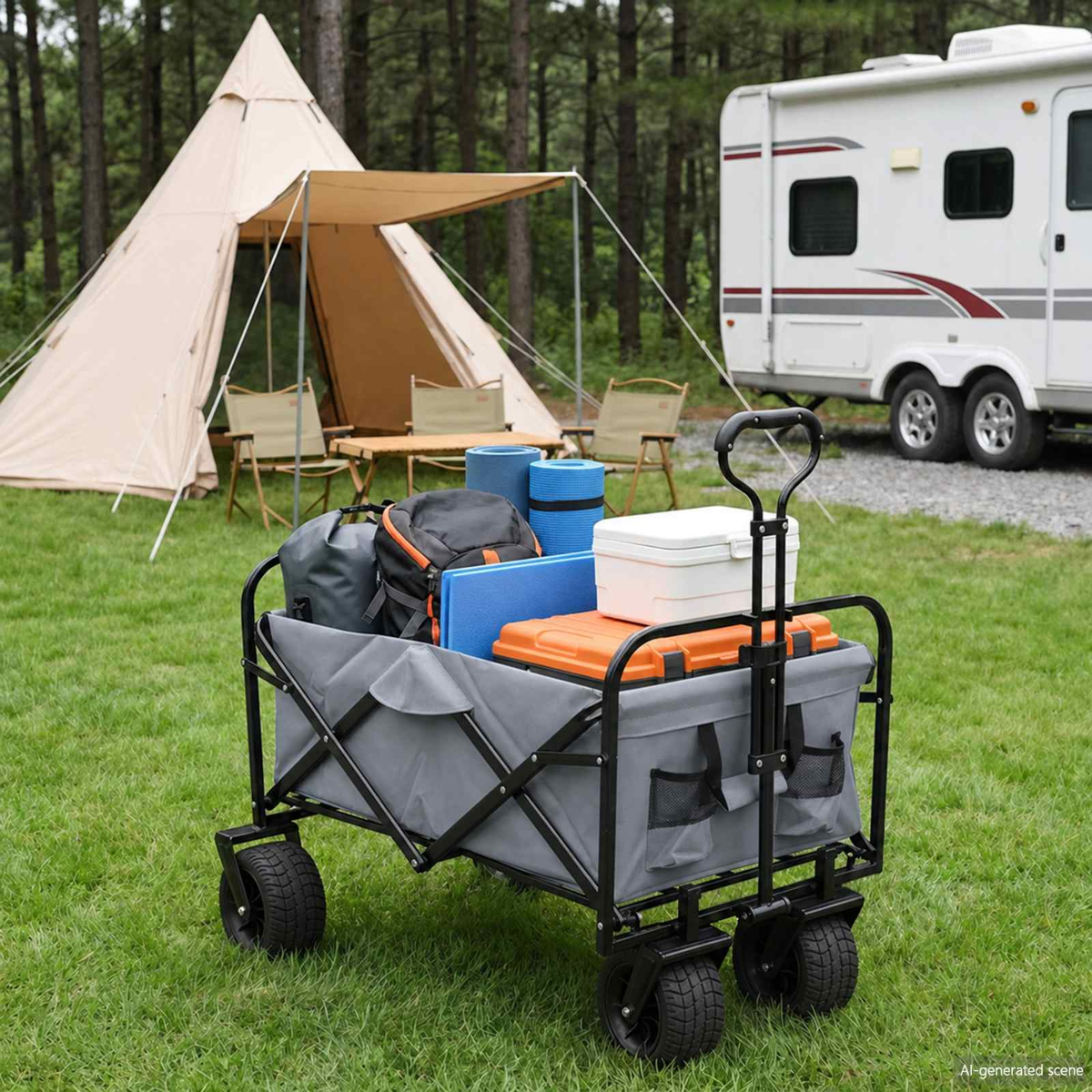 Ein grauer Bollerwagen voller Campingausrüstung steht auf Gras, im Hintergrund ein Zelt und Wohnmobil.