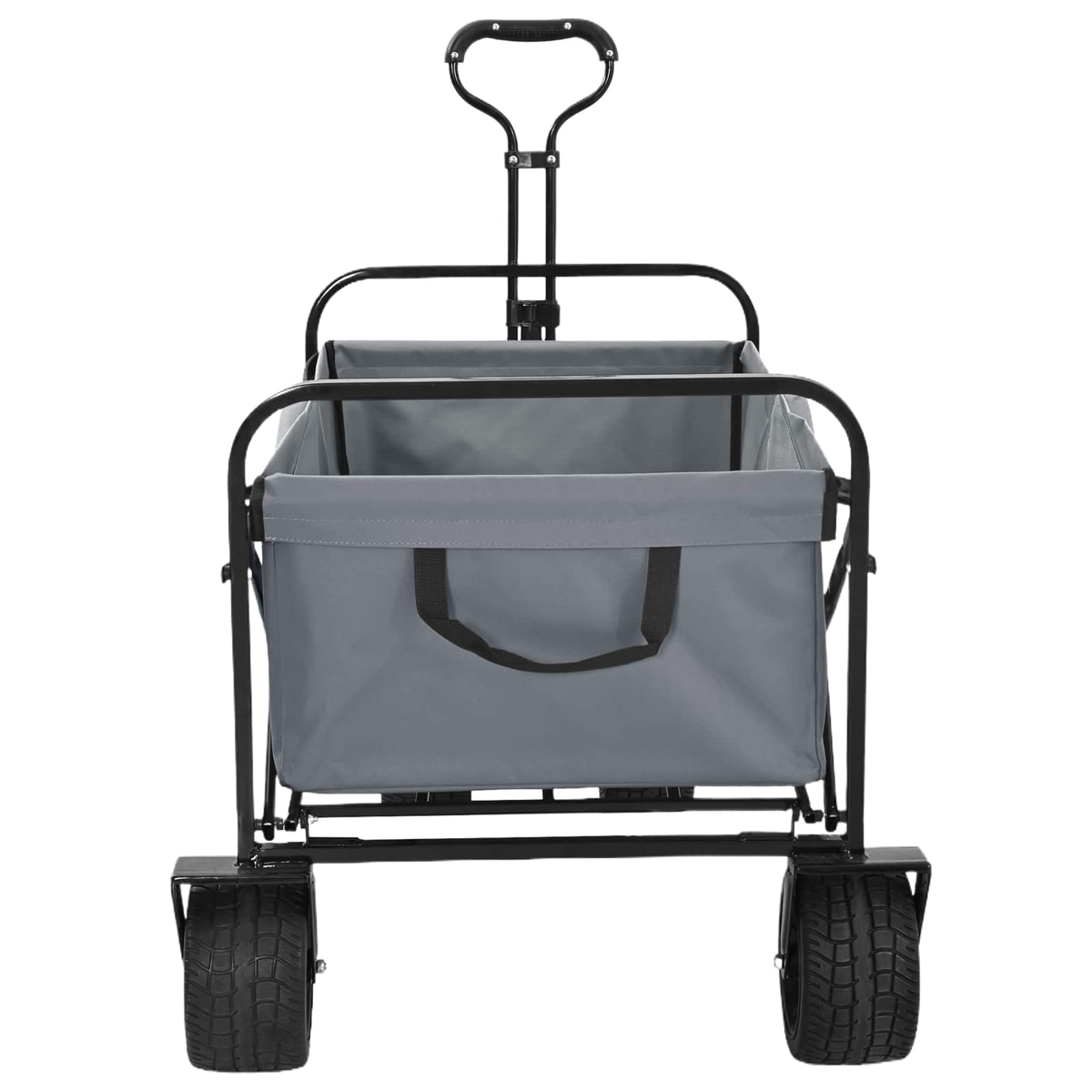 Ein grauer Bollerwagen mit schwarzem Metallgestell und großen Profilreifen vor weißem Hintergrund.