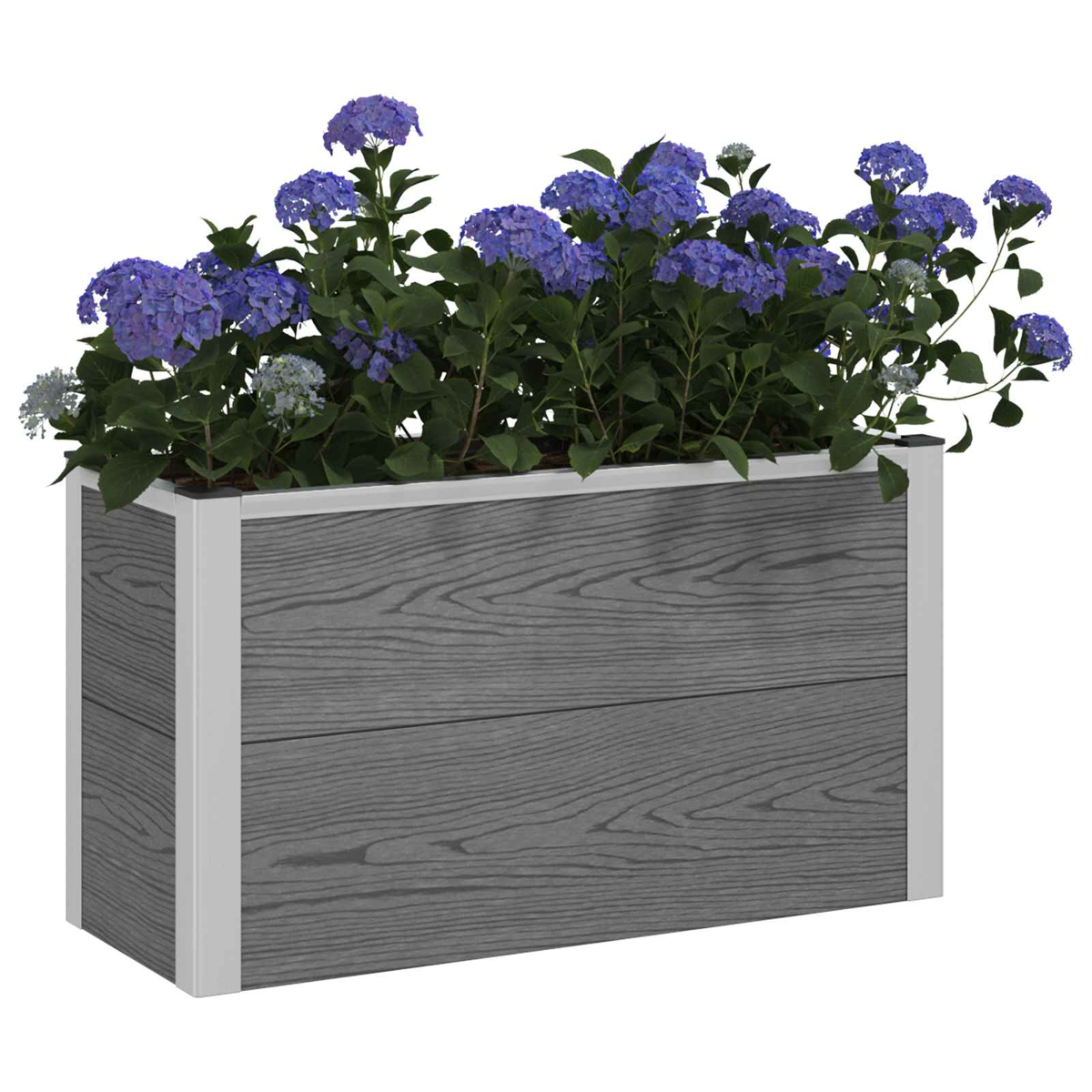 Ein grauer Pflanzkübel aus Holz mit blauen Hortensien auf weißem Hintergrund.