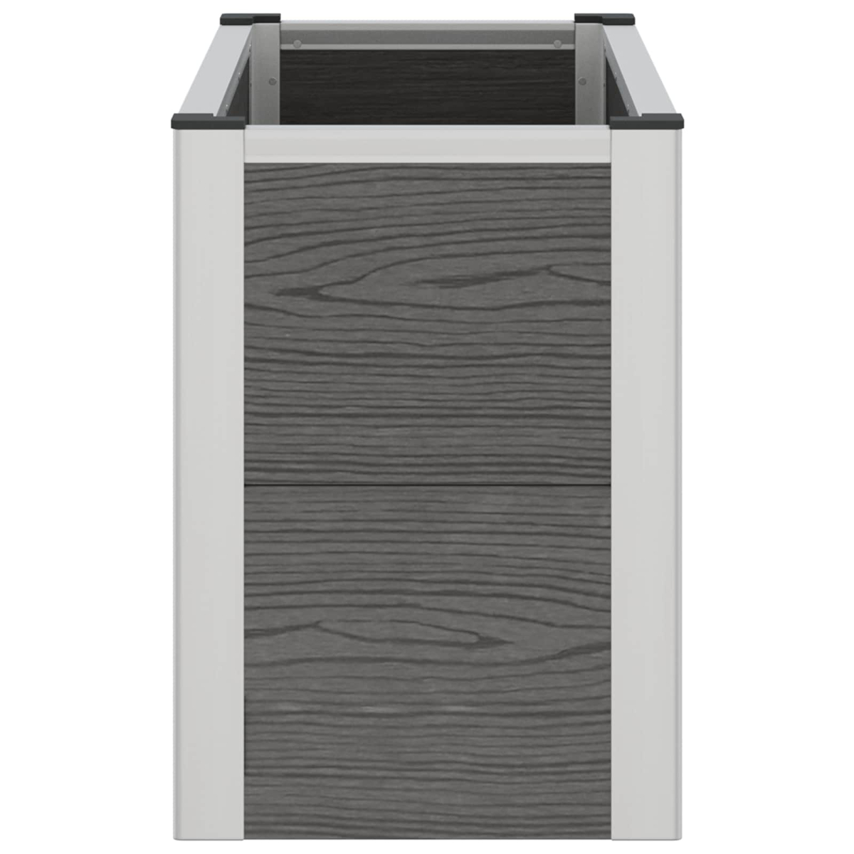 Ein rechteckiges, graues Pflanzgefäß mit Holzoptik und silbernen Metallkanten vor weißem Hintergrund.