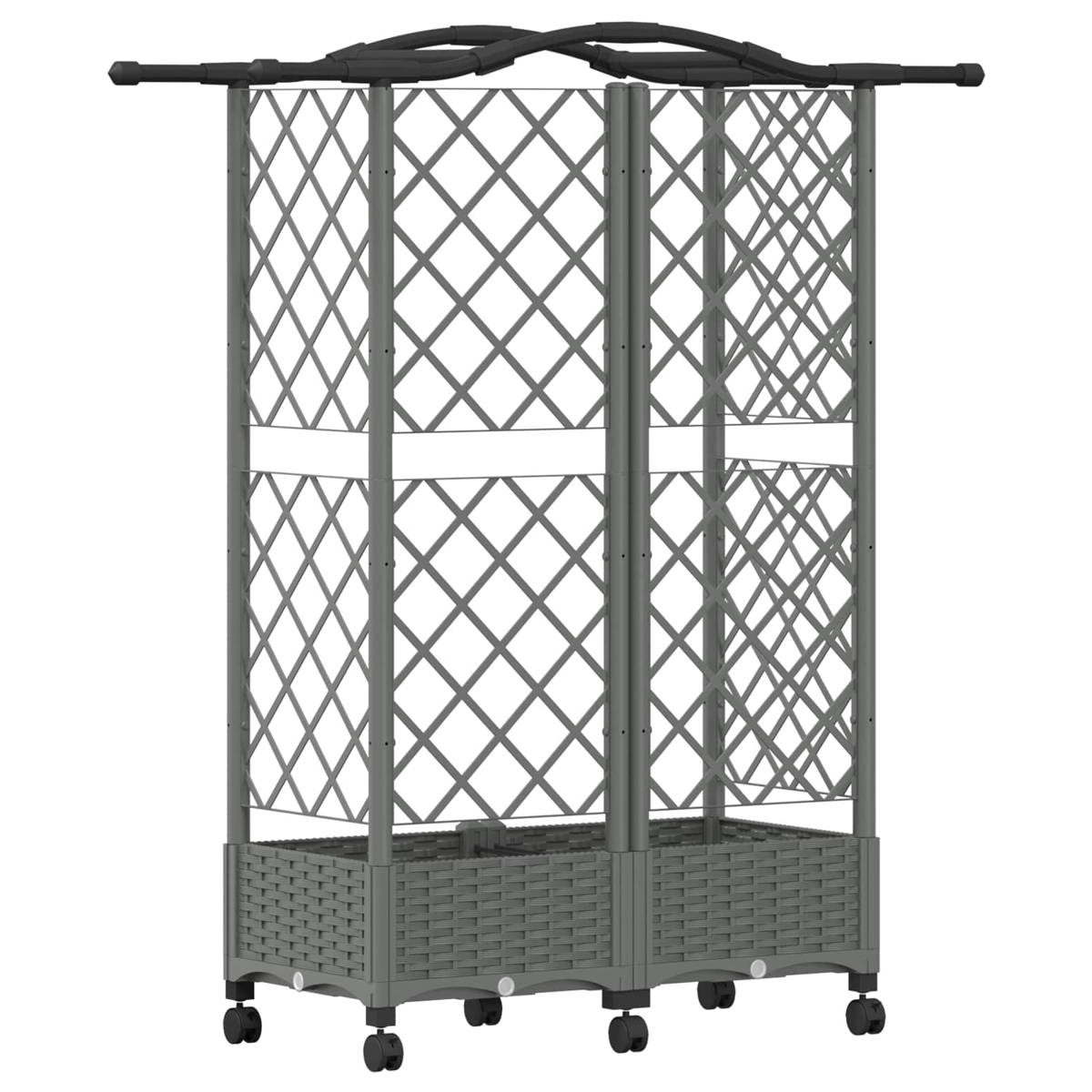 Grauer Pflanzenkasten aus Rattan mit integriertem Spalier und Rollen auf weißem Hintergrund.