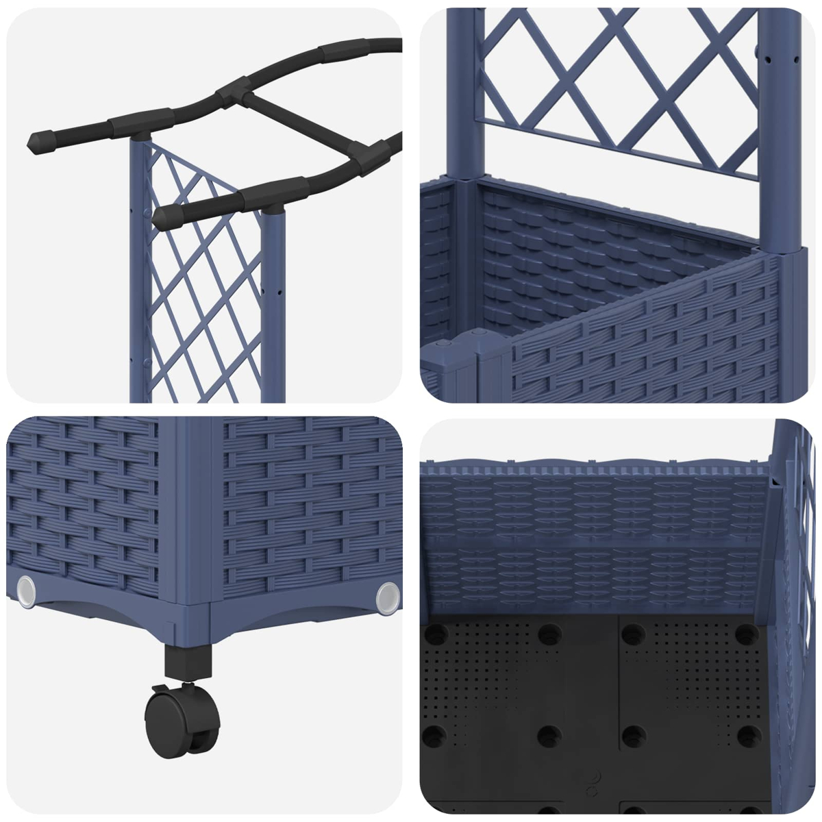 Blaue Rattan-Hochbeet-Details mit Gittern, Rollen und Boden.