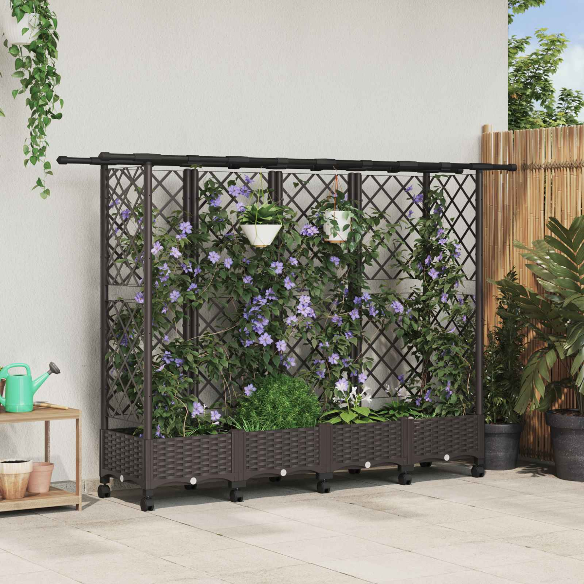 Ein braunes Rankgitter mit violetten Blumen in Pflanzkübeln auf Rollen vor einer hellen Wand.
