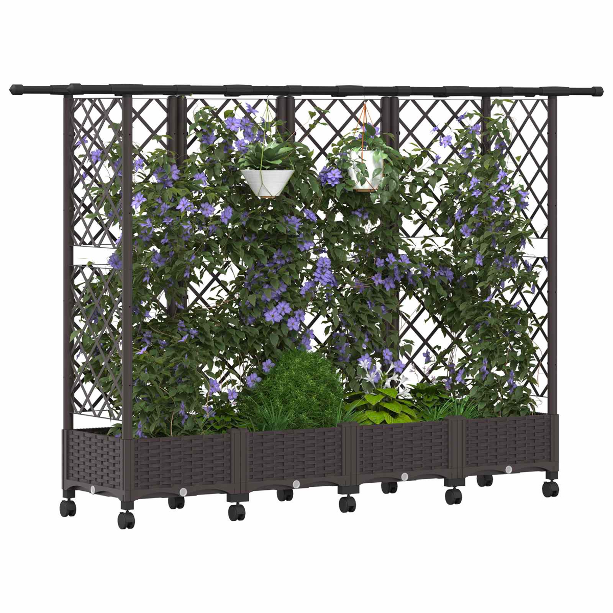 Brauner Rankkasten auf Rollen mit grünen Pflanzen, violetten Blüten und zwei hängenden Töpfen.