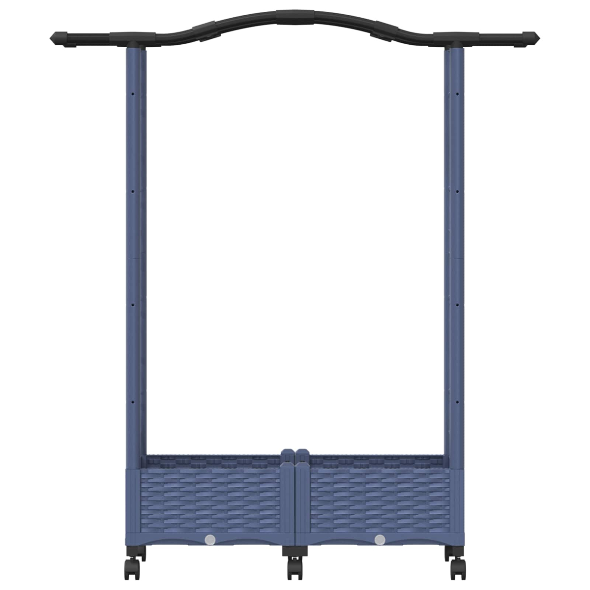 Ein blaues mobiles Hochbeet mit einem geschwungenen schwarzen Spalier auf weißem Hintergrund.