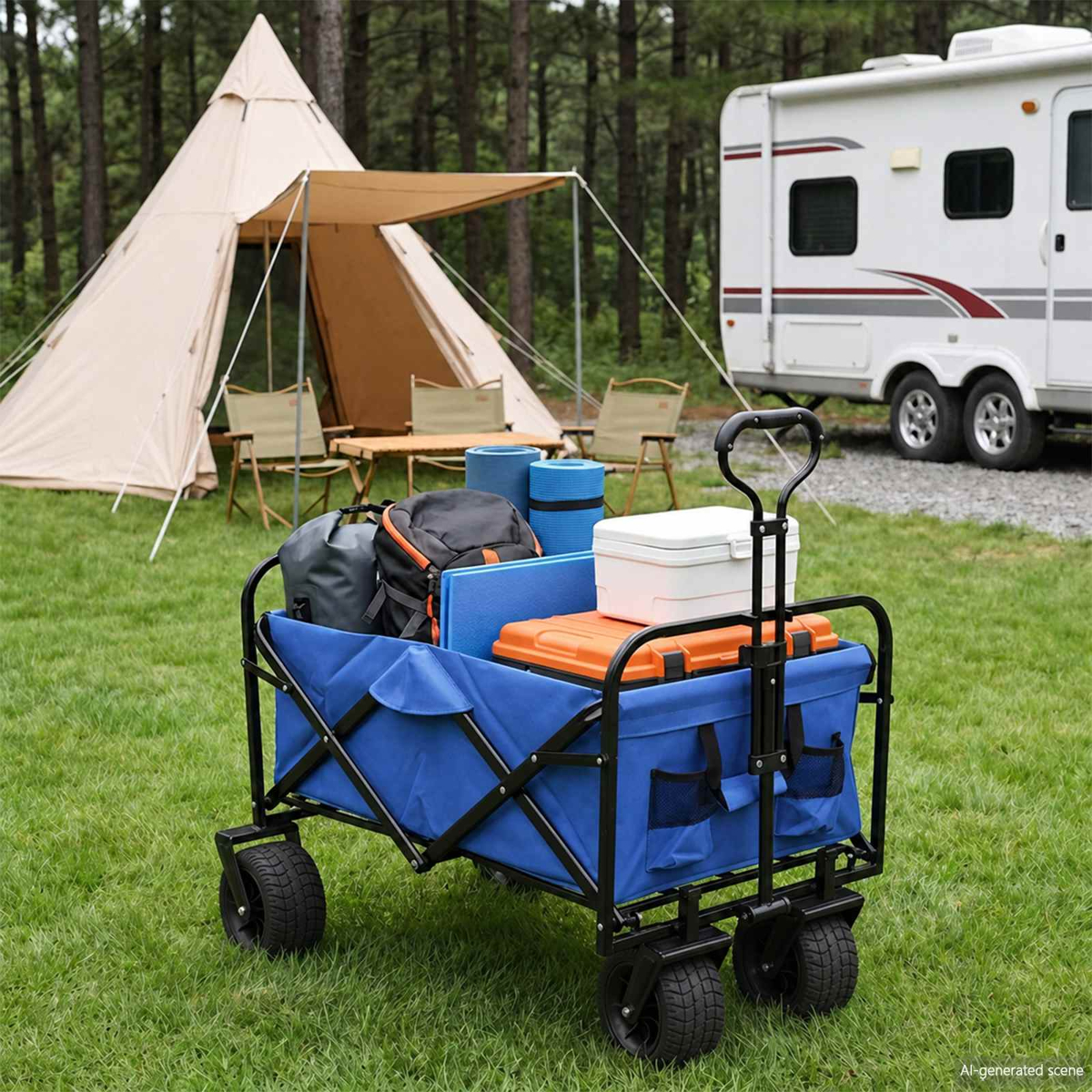 Ein blauer Bollerwagen voller Campingausrüstung auf einer Wiese, mit einem großen Zelt und Wohnmobil im Hintergrund.