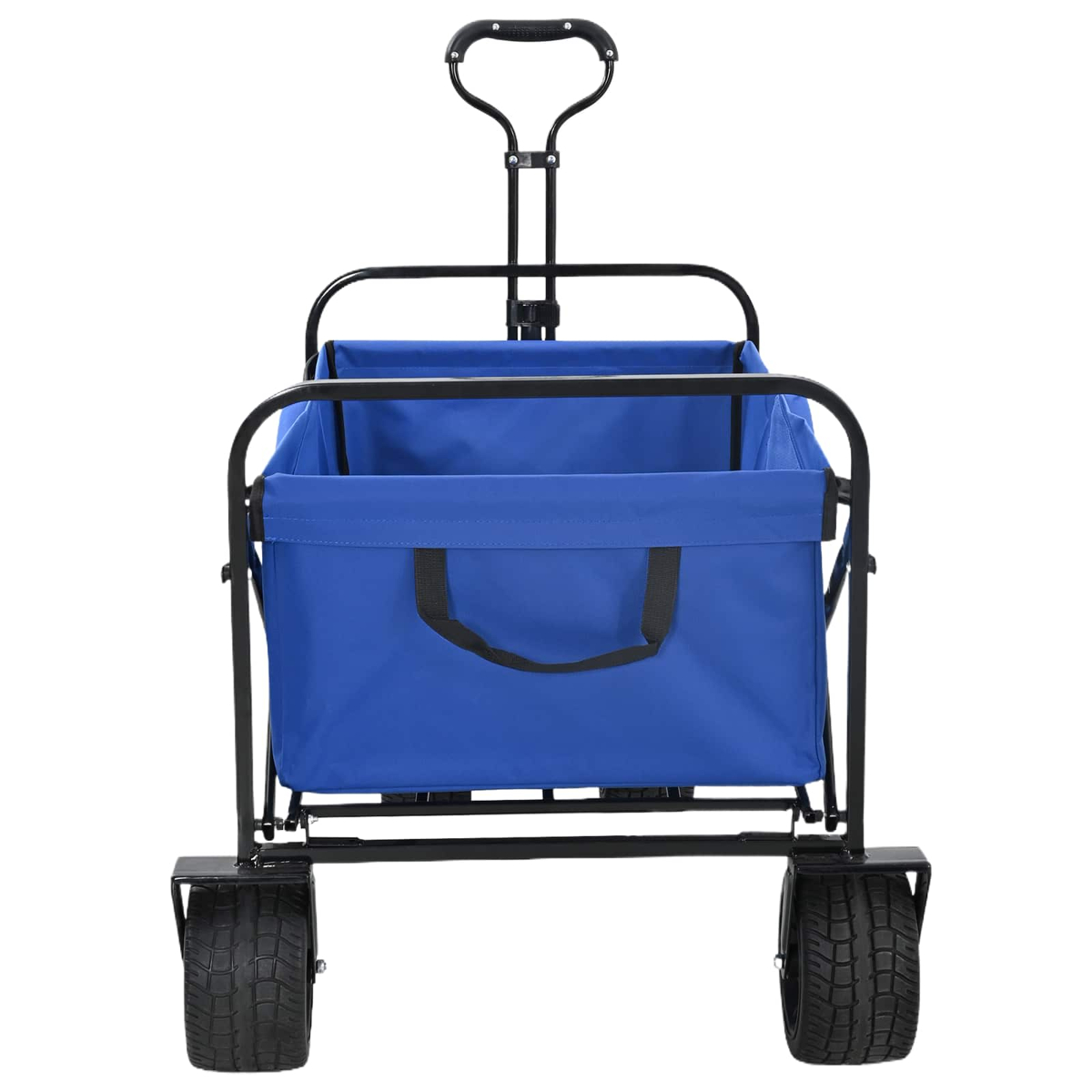 Ein blauer Klappbollerwagen mit schwarzem Metallgestell und großen Rädern auf weißem Hintergrund.