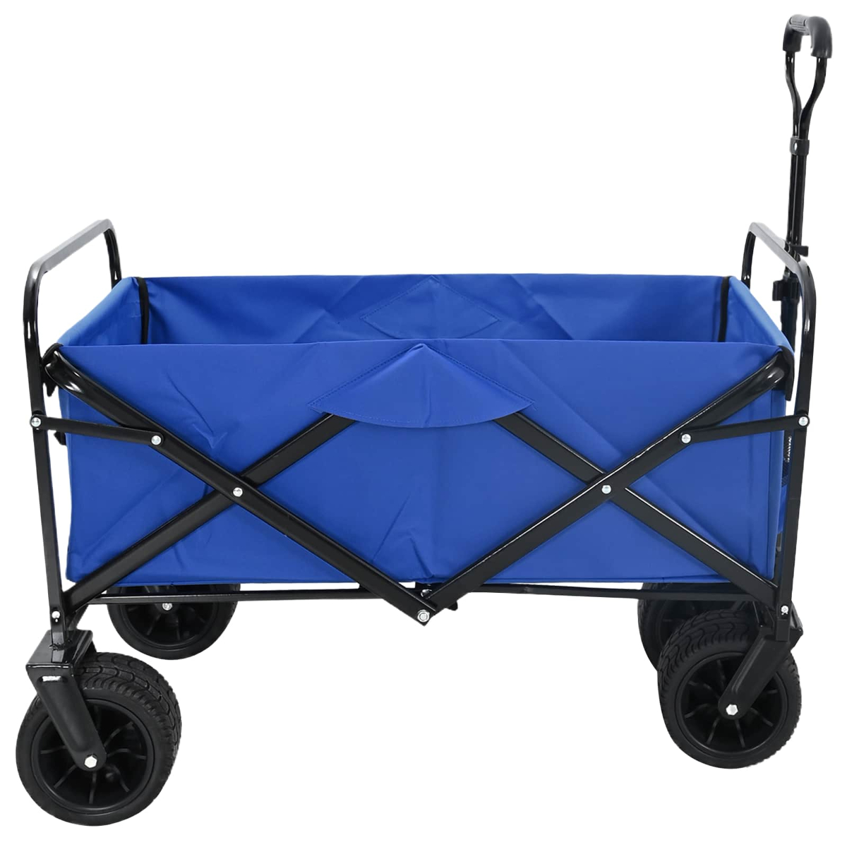 Ein blauer Klappbollerwagen mit schwarzem Metallgestell und großen Rädern vor weißem Hintergrund.