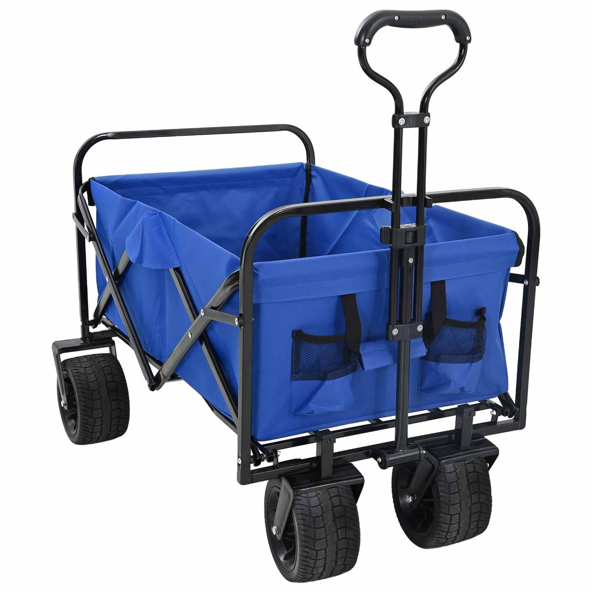 Ein blauer Klappbollerwagen mit schwarzem Metallgestell, vier groben Rädern und verstellbarem Griff.