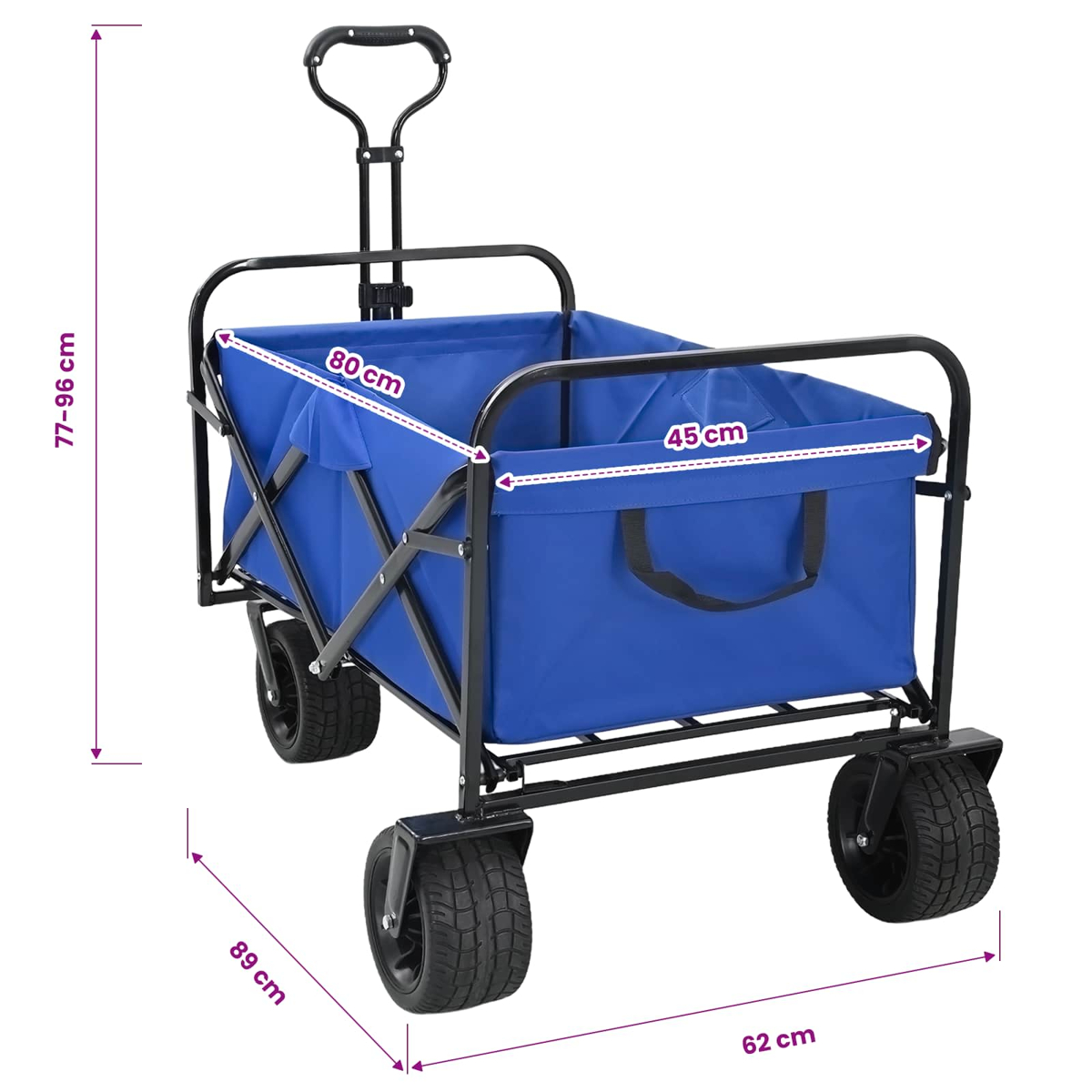 Ein blauer Handwagen mit schwarzem Metallgestell und großen Reifen, Maße sind in Zentimetern angegeben.