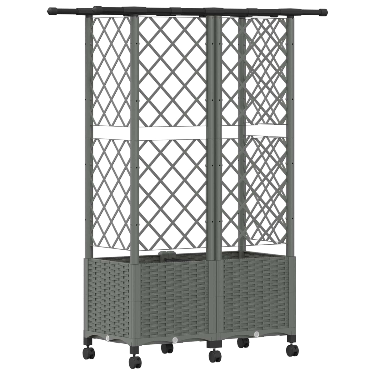 Ein grauer Gartenpflanzer mit Rollen, integriertem Spalier und oberer Stange, freistehend vor weißem Hintergrund.