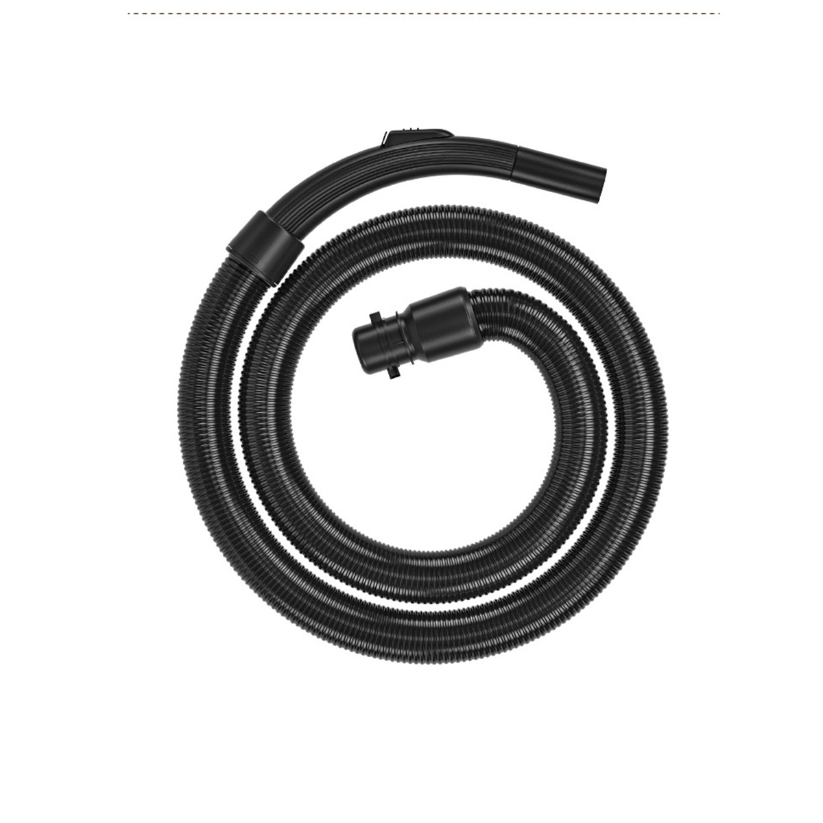 Ein langer, schwarzer Staubsaugerschlauch coiled auf weißem Grund.