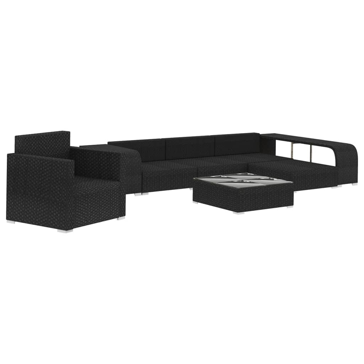 Moderne schwarze Rattan-Gartenlounge mit Sofa, Sessel und Glastisch.