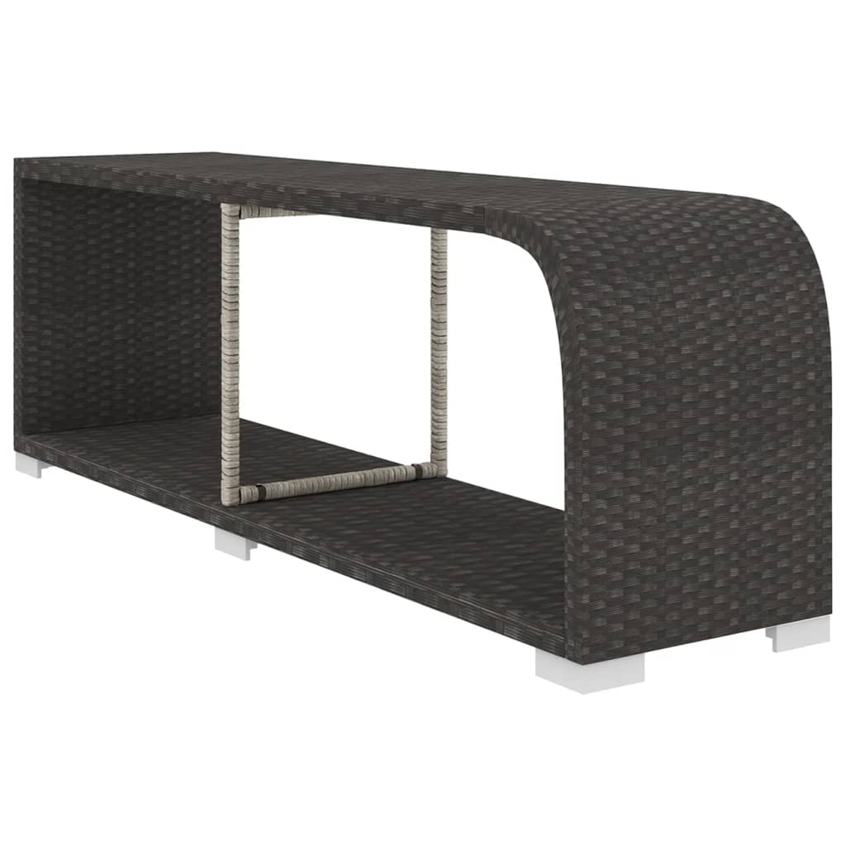 Dunkelbraunes Rattan-Konsolenregal mit weißen Füßen und offener Vorderseite auf weißem Hintergrund.