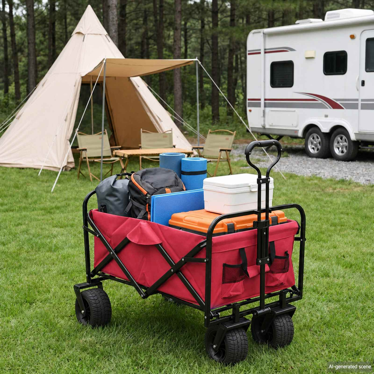 Ein roter Bollerwagen gefüllt mit Campingausrüstung steht vor einem Wohnmobil und einem großen Zelt im Wald.