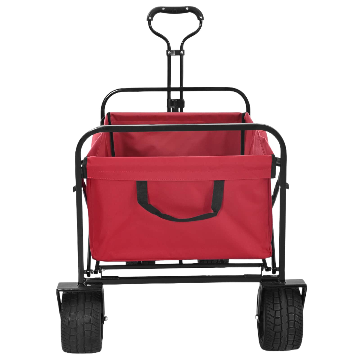 Ein roter Klappbollerwagen mit schwarzem Metallgestell und großen Reifen vor weißem Hintergrund.