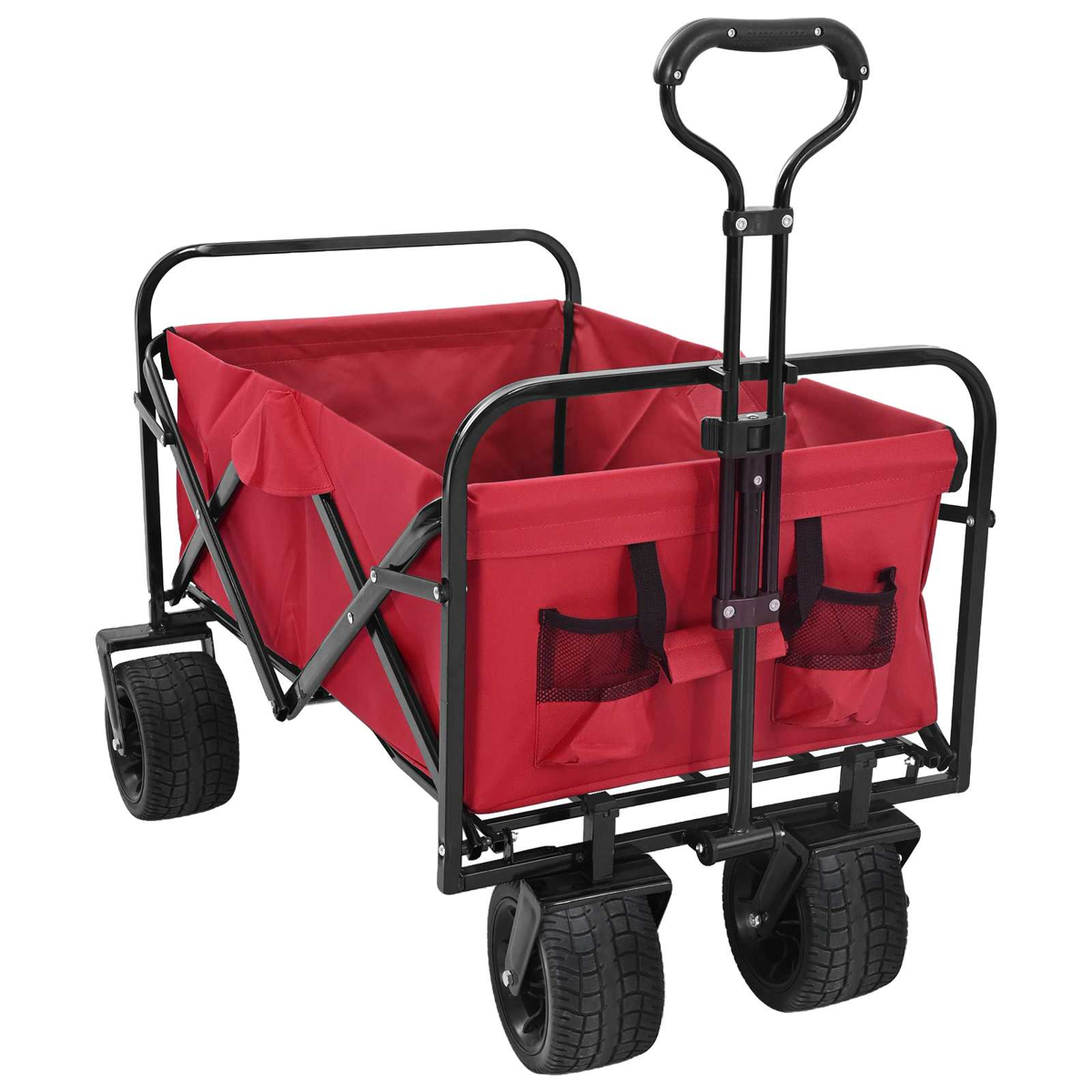 Ein roter Bollerwagen mit schwarzem Metallgestell, Griff und vier großen Rädern auf weißem Hintergrund.