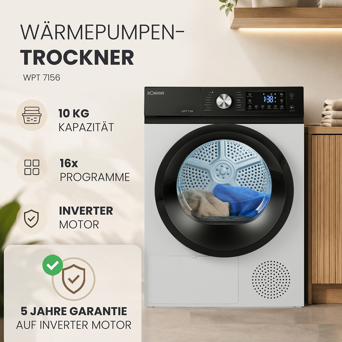Werbebild für den Bomann WPT 7156 Wärmepumpentrockner mit 10kg Kapazität und Inverter-Motor in einer modernen Küche.