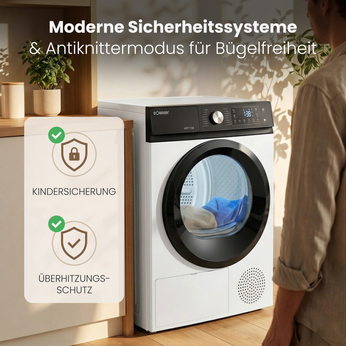 Moderner Bomann Trockner mit Text overlay zu Kindersicherung und Überhitzungsschutz.