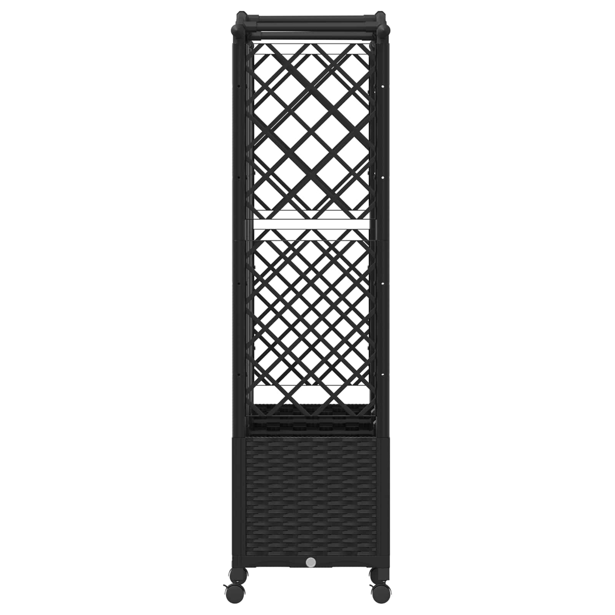 Ein schwarzes, hohes Flaschenregal mit X-förmigen Gittern und Rollen auf weißem Hintergrund.