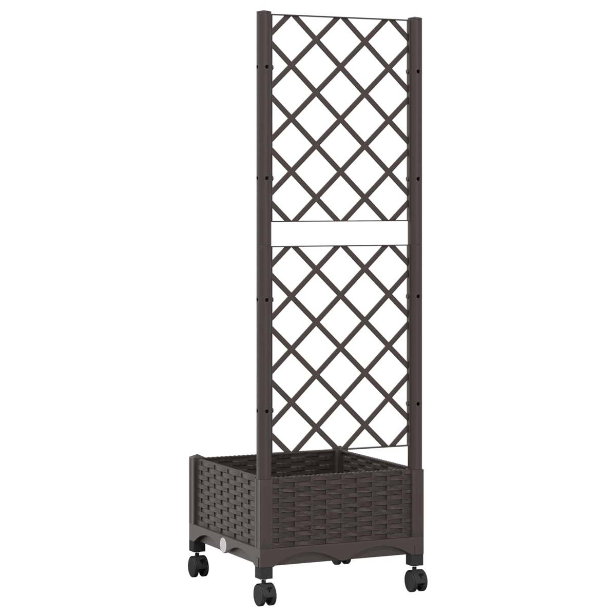 Ein brauner Rattan-Pflanzkasten mit hohem Spalier auf Rollen vor weißem Hintergrund.