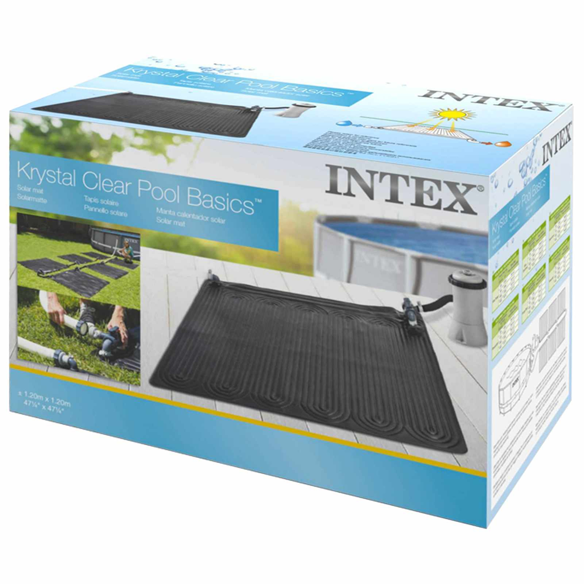Verpackungskarton der Intex Krystal Clear Solarmatte mit Produktfotos.
