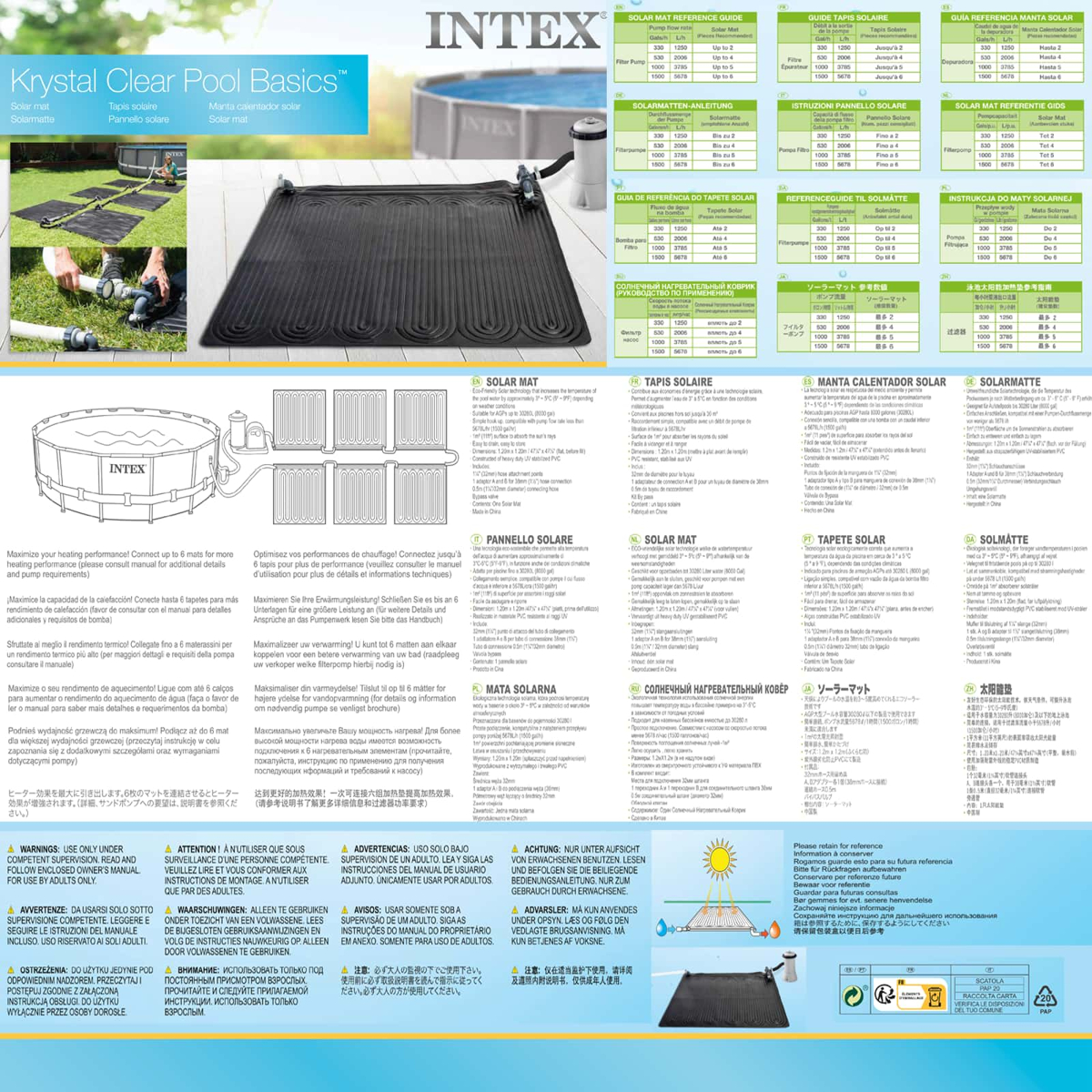 Produktverpackung für den Intex Solar-Matten-Poolheizer mit Produktdetails und mehrsprachigen Beschreibungen.