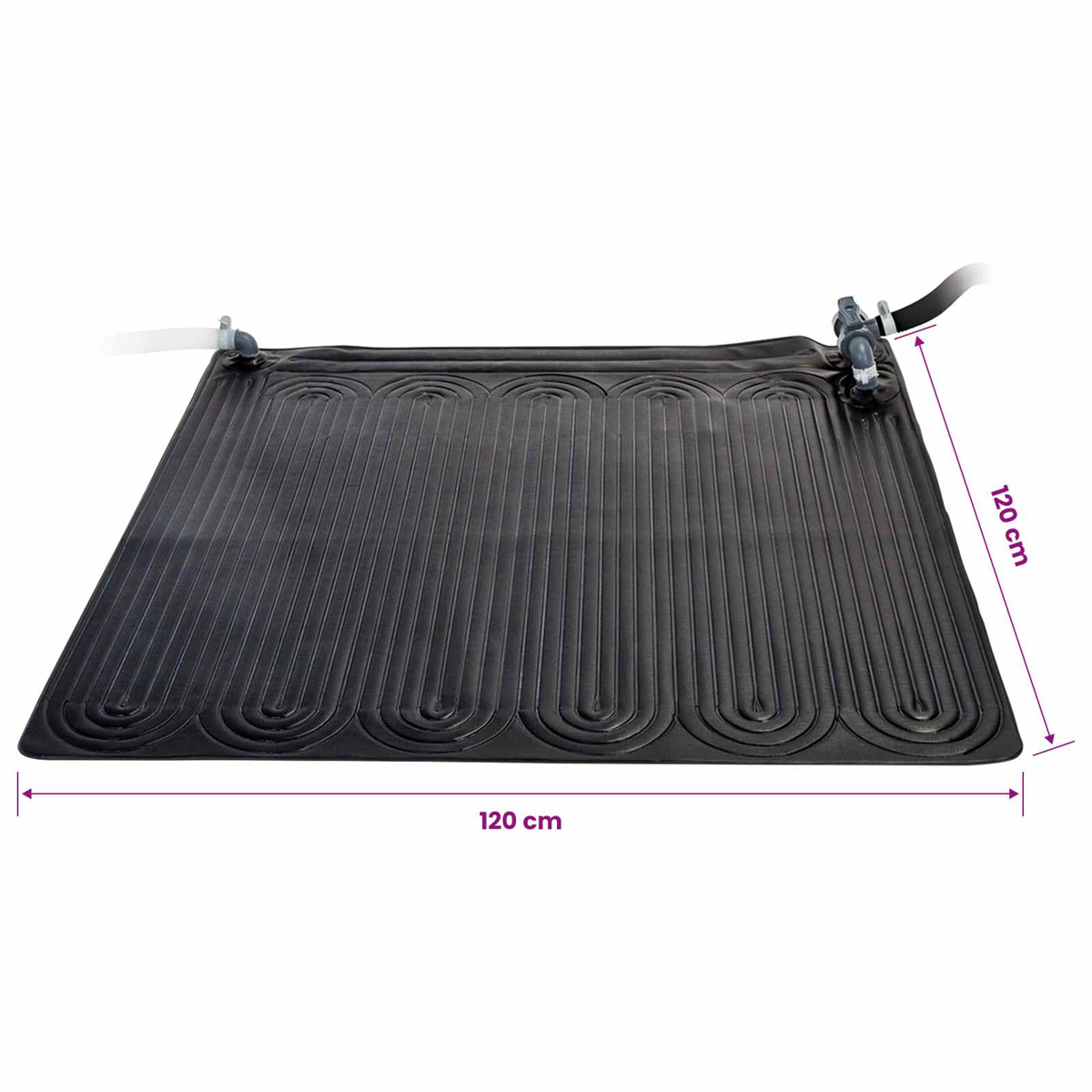 Schwarzes Solarkissen mit gewundenen Röhren und Anschlüssen, Maße 120x120 cm.