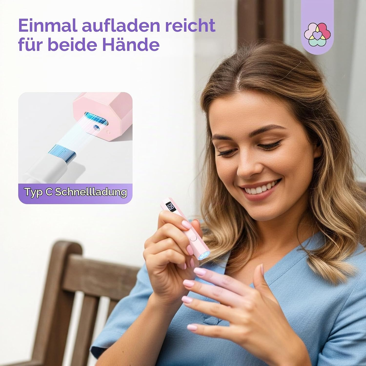 Eine lächelnde Frau nutzt eine rosa UV-Lampe für die Fingernägel, mit Einblick auf USB-C-Ladung.