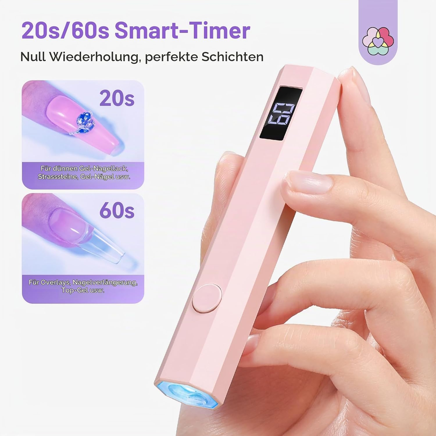 Hand hält einen pinken Nagel-UV-Stift mit digitalem Timer und blauer Lichtquelle.