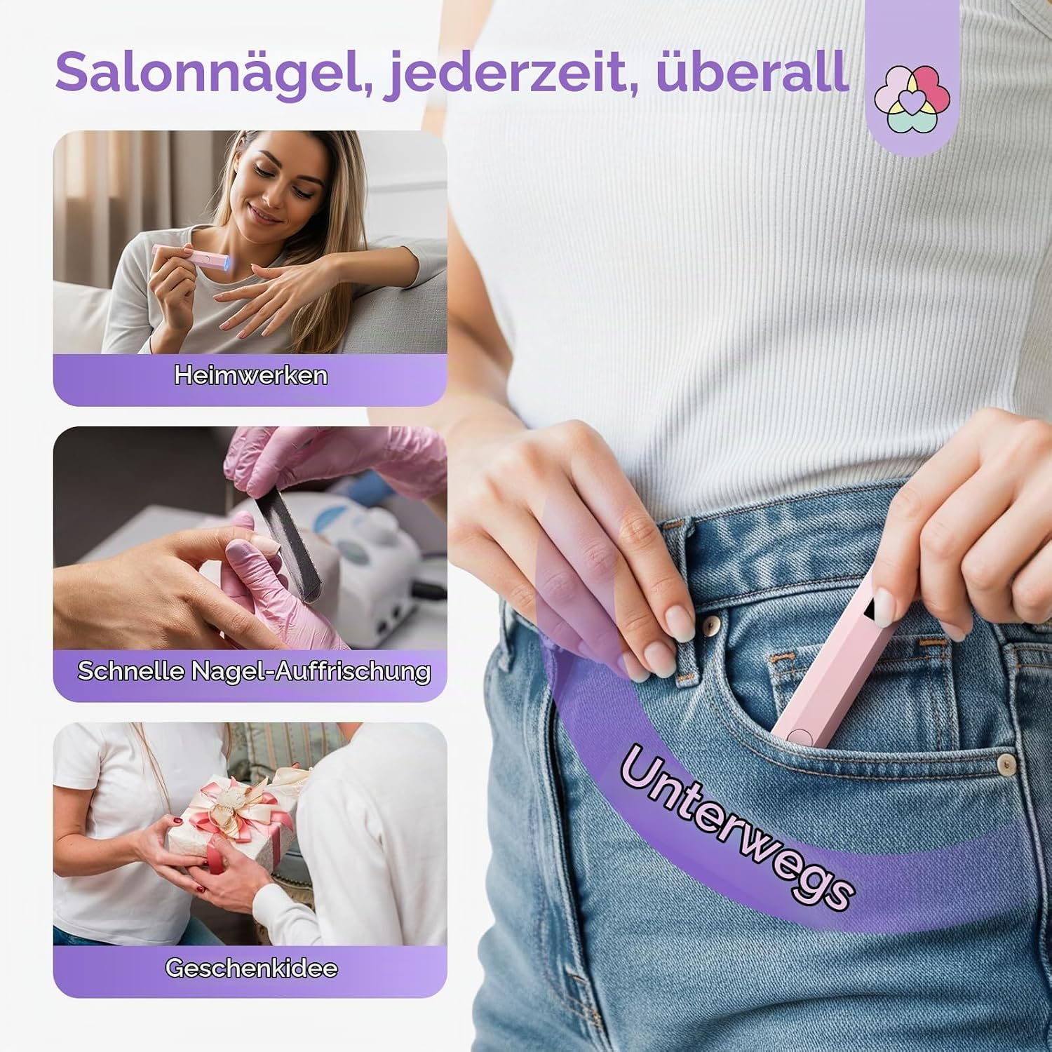 Eine Frau hält eine rosa UV-Lampe, während Insets die Anwendung und das Verstauen in der Tasche zeigen.