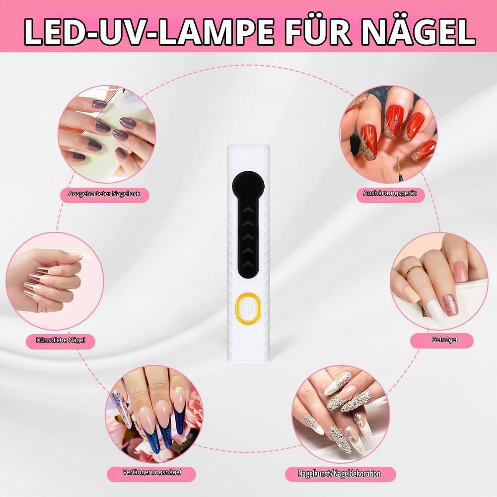 LED-UV-Nagellampe mit Beispielfotos für künstliche Fingernägel, Nagelkunst und Gel-Maniküre.
