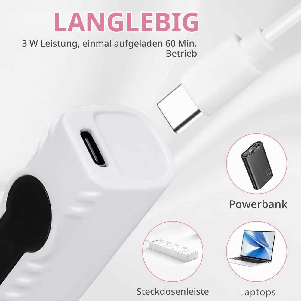 Weißes USB-C-Kabel und Ladeadapter mit Powerbank-, Steckdosenleisten- und Laptop-Symbolen.