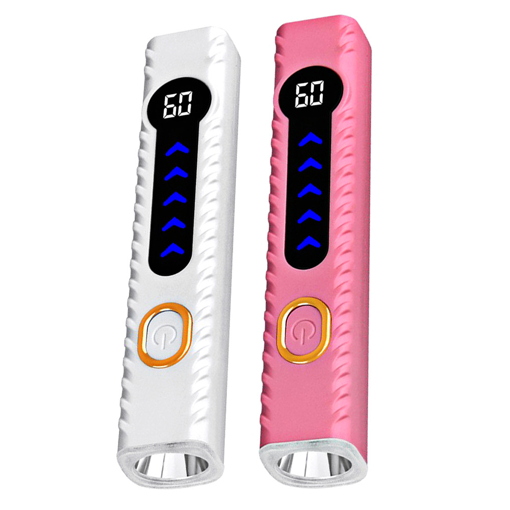 Zwei tragbare Stabhandlampen in Weiß und Pink mit digitaler Anzeige und runden Ein- und Ausschaltern.