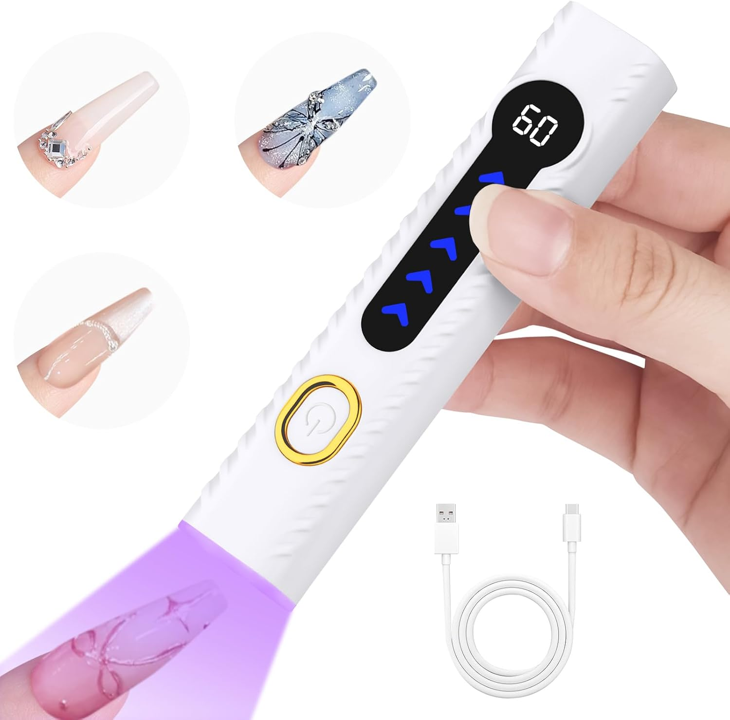 Hand hält weiße UV-Nagellampe mit digitalem Display und USB-Kabel.