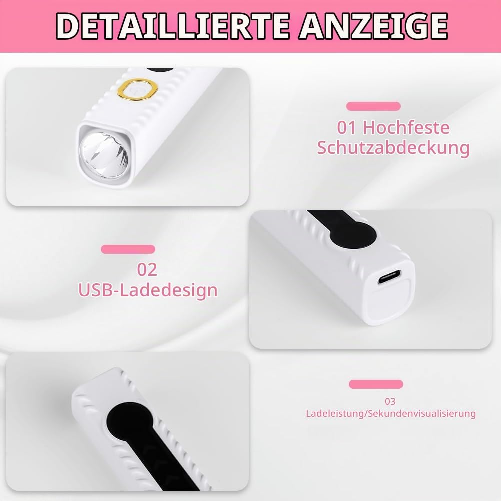 Produktmerkmale einer weißen Taschenlampe mit Schutzabdeckung, USB-Ladeanschluss und Ladeanzeige.