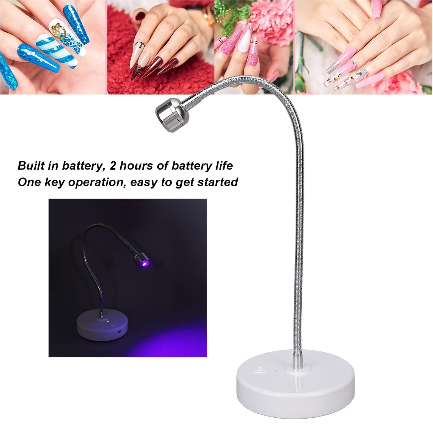 Eine flexible UV-Nagellampe mit weißem Sockel und Text über Akkulaufzeit.