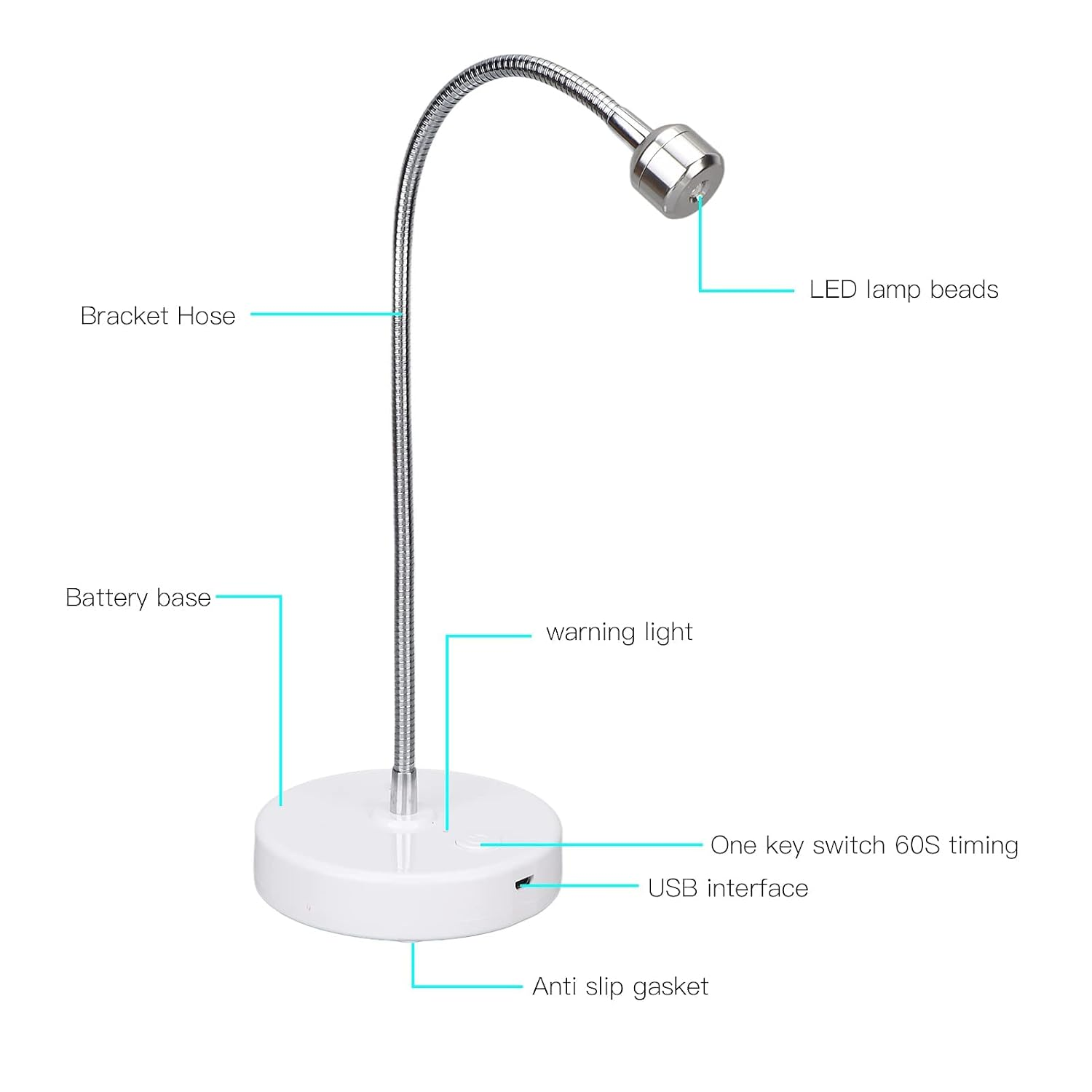 Diagramm einer weißen LED-Lampe mit biegsamem Arm, Akkusockel und USB-Anschluss, beschriftet auf Englisch.