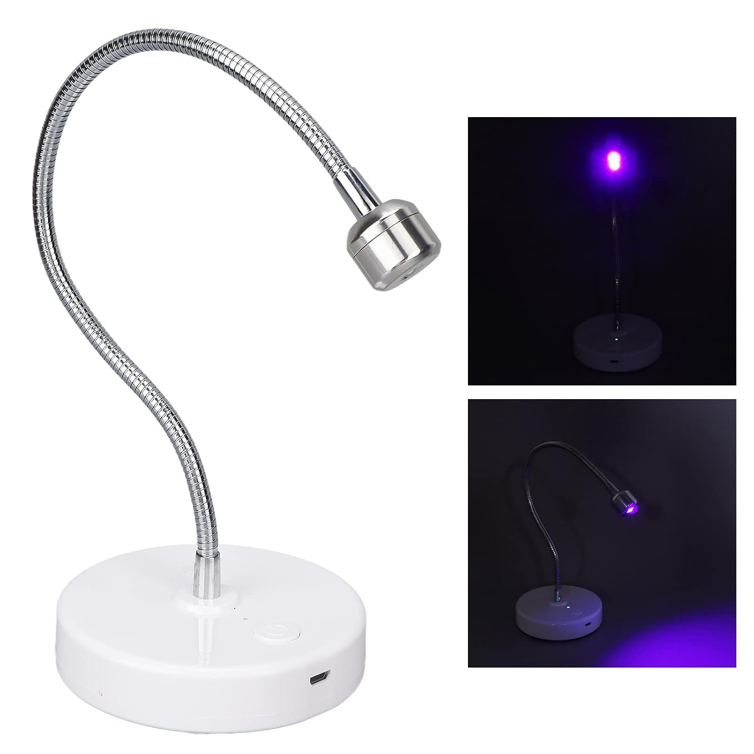Silberne Schwanenhalslampe mit weißem Sockel, rechts in Betrieb mit violettem Licht im Dunkeln gezeigt.