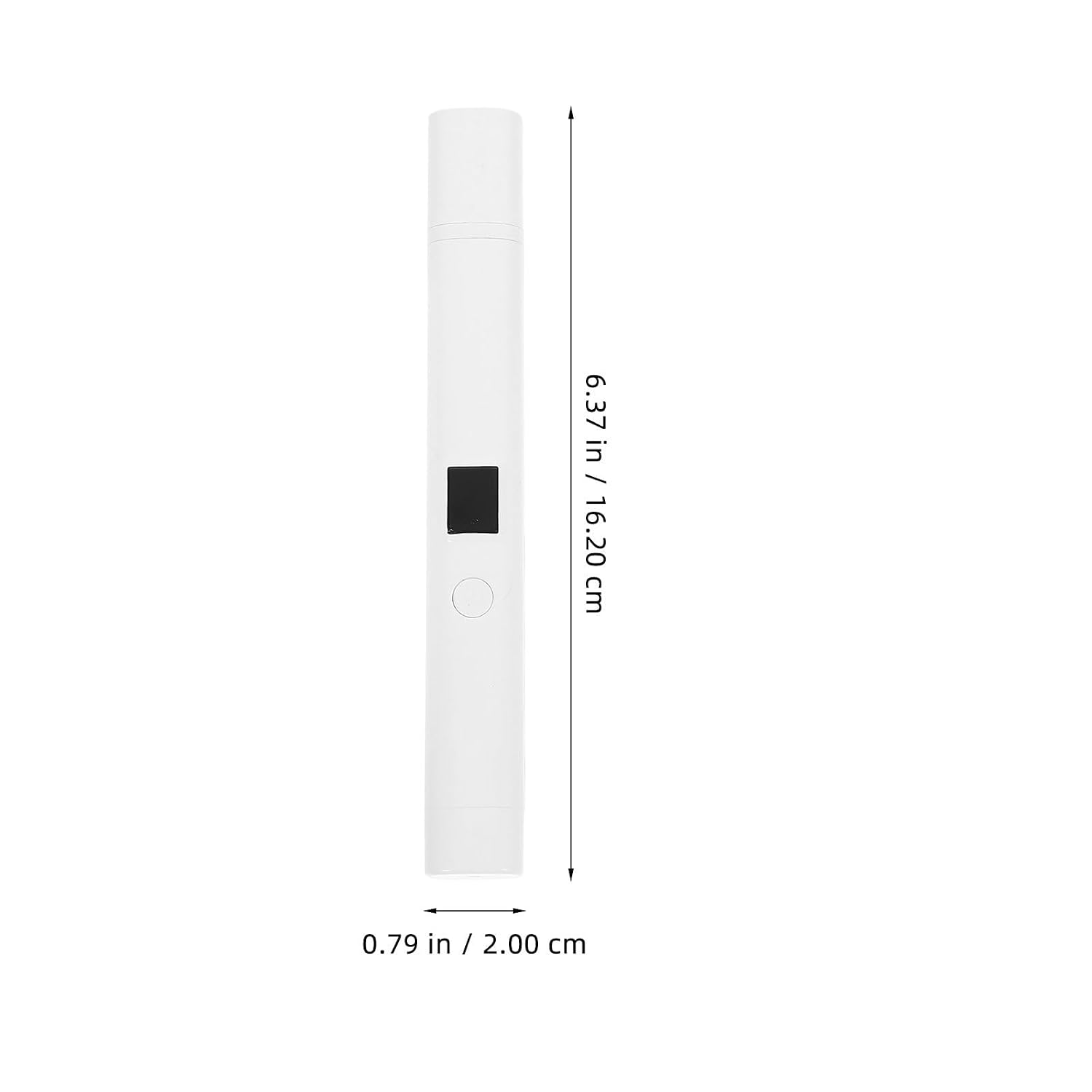 Weißer, stiftähnlicher digitaler Tester mit Display und Messungen von 16,2 cm Länge und 2 cm Breite.